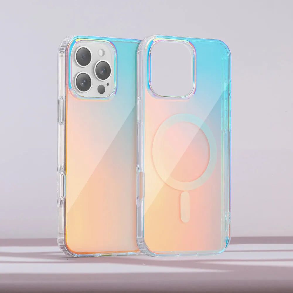 Glossy colour-changing iPhone protective case shown on an iPhone, highlighting chameleon finish and magnetic compatibility
