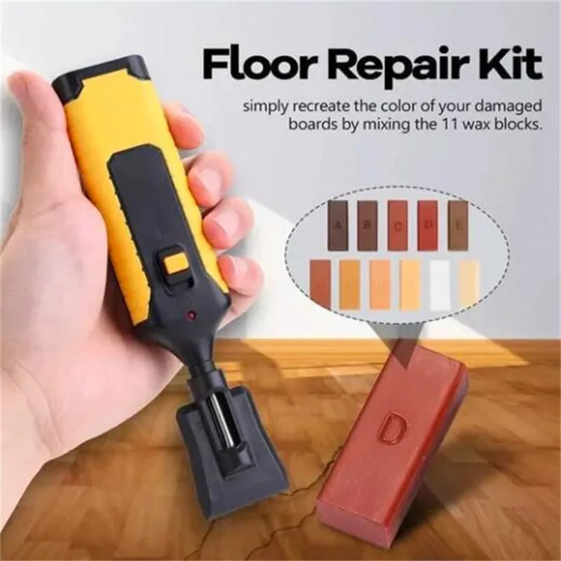 Floor tile repair tool set with red or yellow handle options and wax sticks for DIY furniture restoration