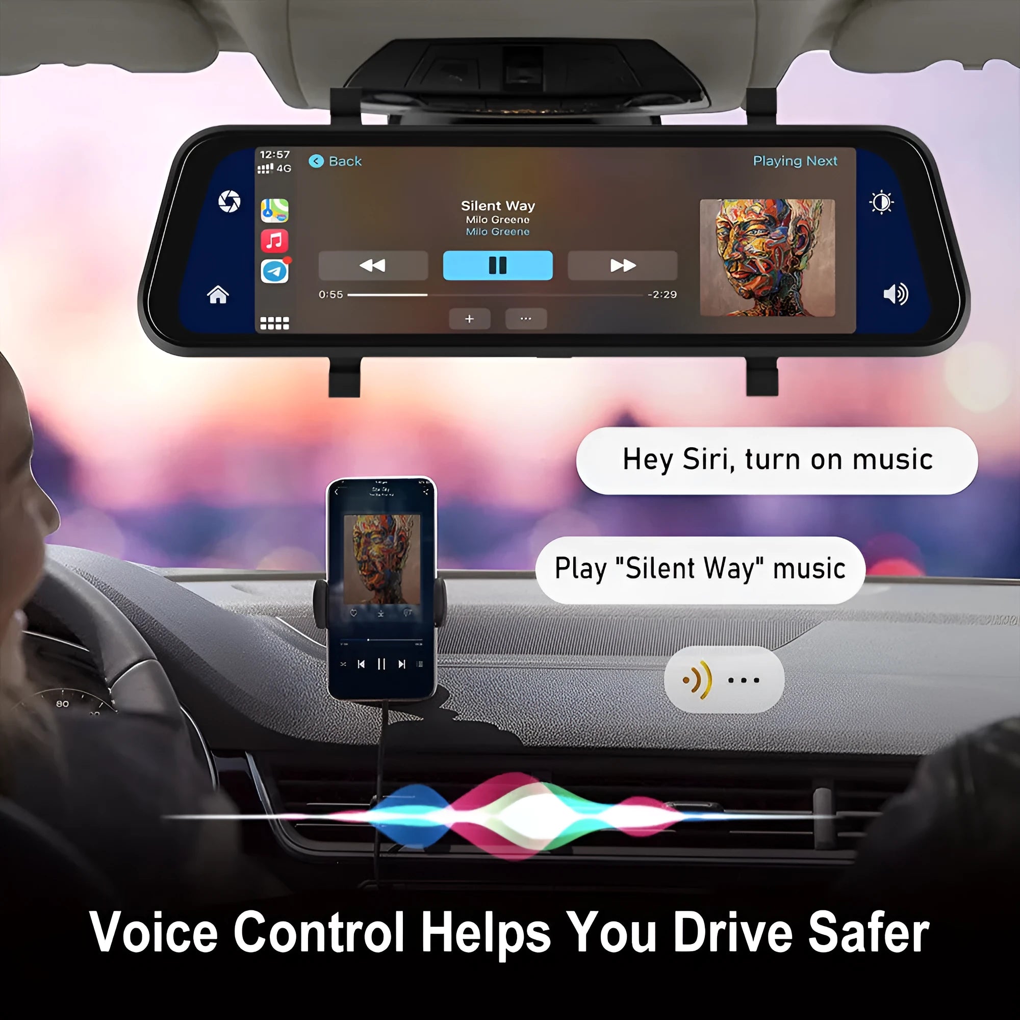 9.66-inch black car dash cam mirror with touch screen, showing split-screen display for front and rear camera feeds.