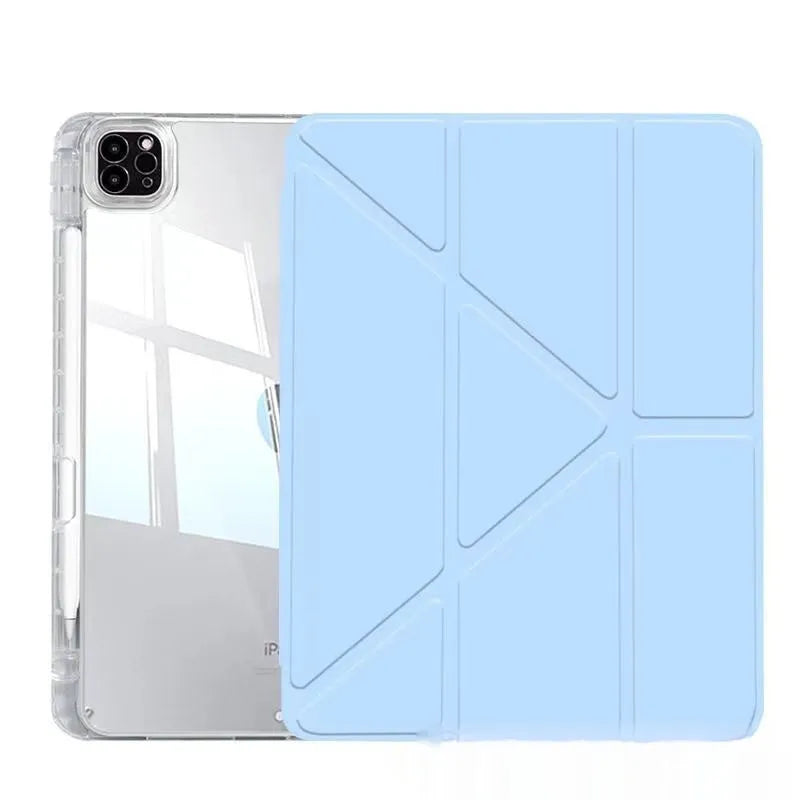 Transparent acrylic iPad protective cover with built-in folding stand in multiple colour options