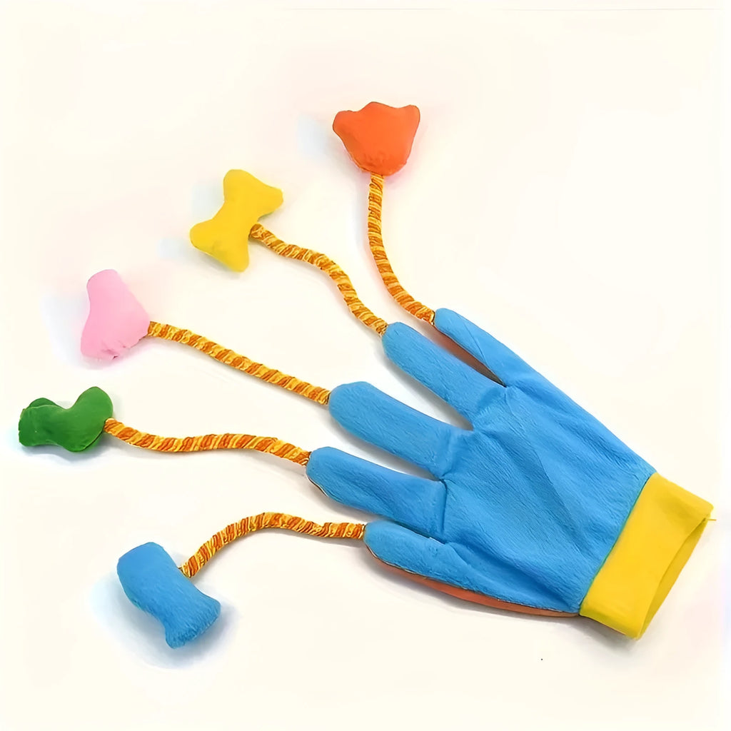 Yellow and blue plush magic glove pet toy with bell for cats, shown at 40 cm length.