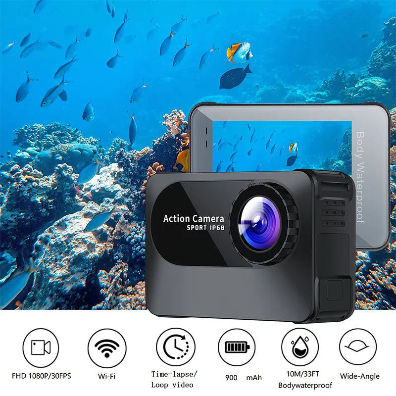 Black outdoor sports camera tachograph with 170° wide-angle lens and touch-screen display