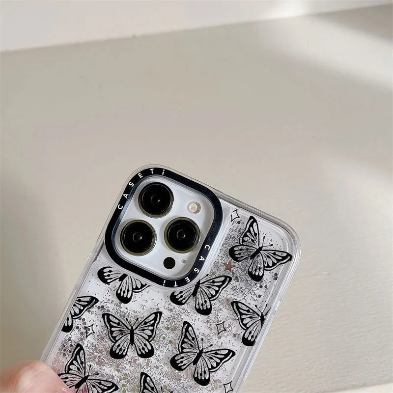 Transparent PC phone case with black butterfly creative cartoon design for iPhone
