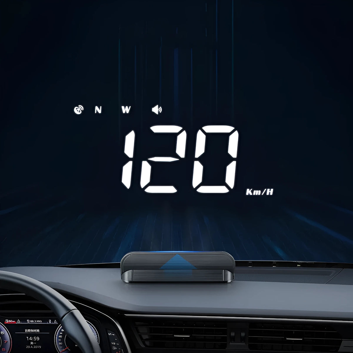 Car HUD head-up display with 3 inch LED backlit screen and GPS input in compact ABS PC housing