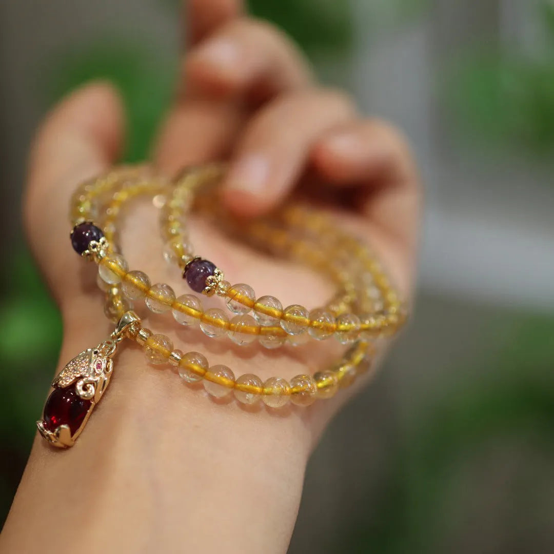Natural Brazilian gold rutilated quartz bracelet with three circles and hanging chopsticks in Chinese style