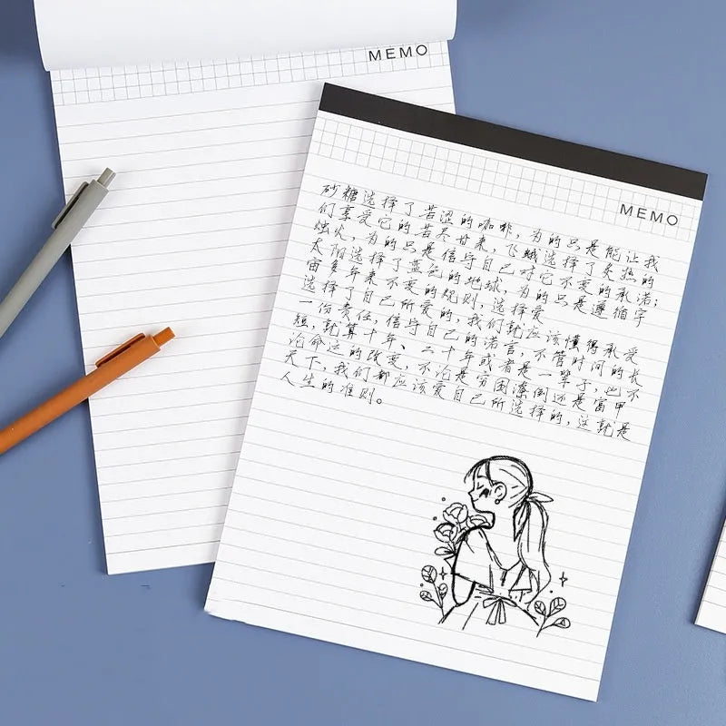 A4 tearable notebook with grid paper and wireless adhesive binding shown in available colour options