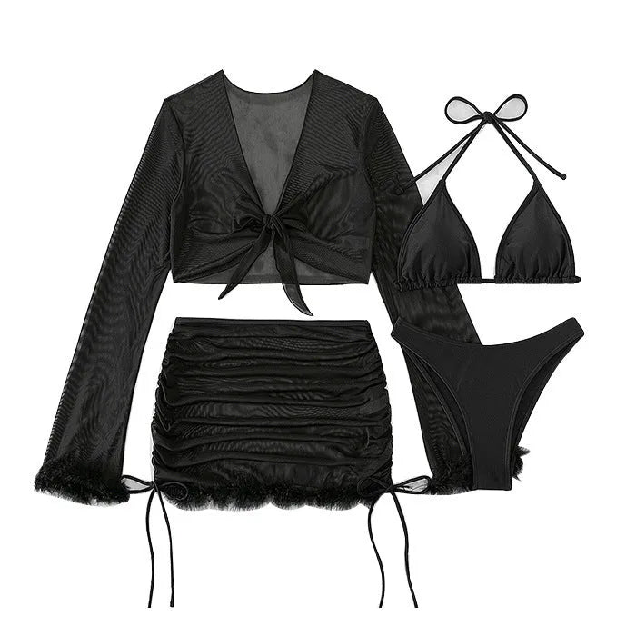 Black long sleeve women's bikini set with briefs bottom on a mannequin
