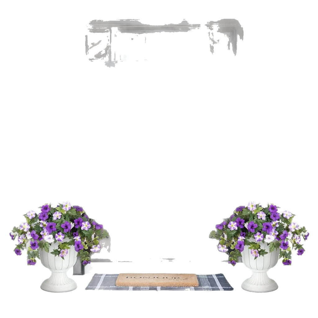 Plastic European courtyard artificial flower container with 12 fork branches and colourful silk flowers.