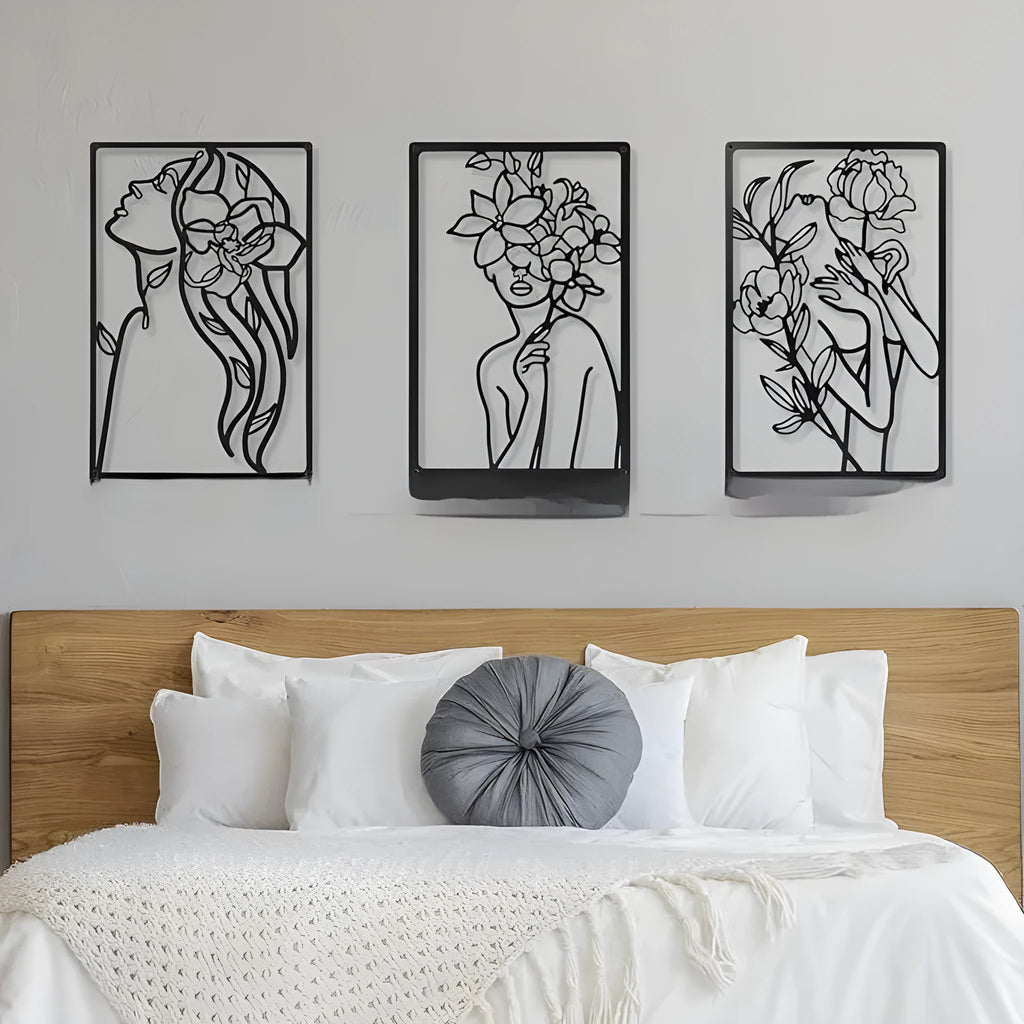 Black metal female line silhouette wall decoration set for home