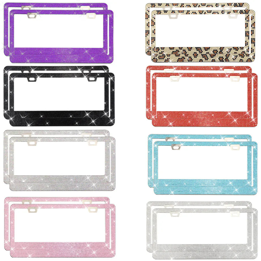 Stainless steel licence plate frame with stick-on acrylic diamond crystals in various colour patterns