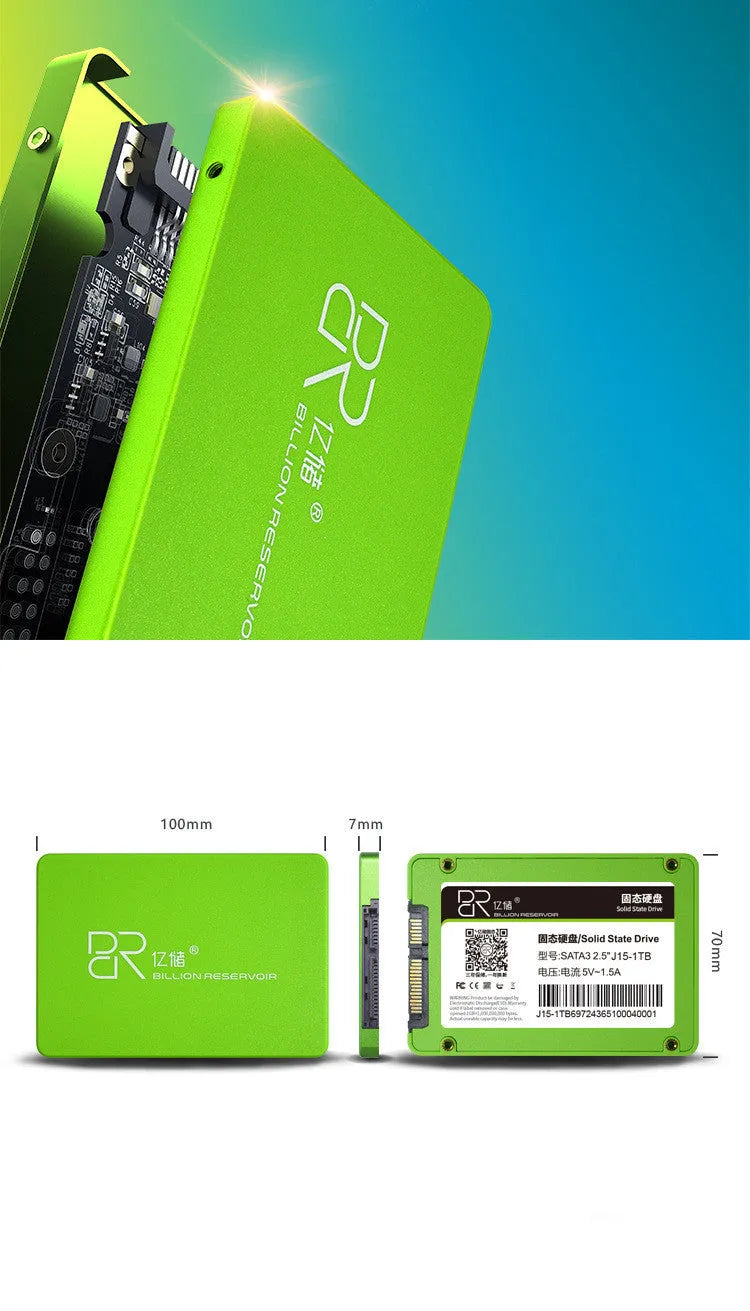 2.5-inch SATA solid state drive with plastic enclosure showing capacity options