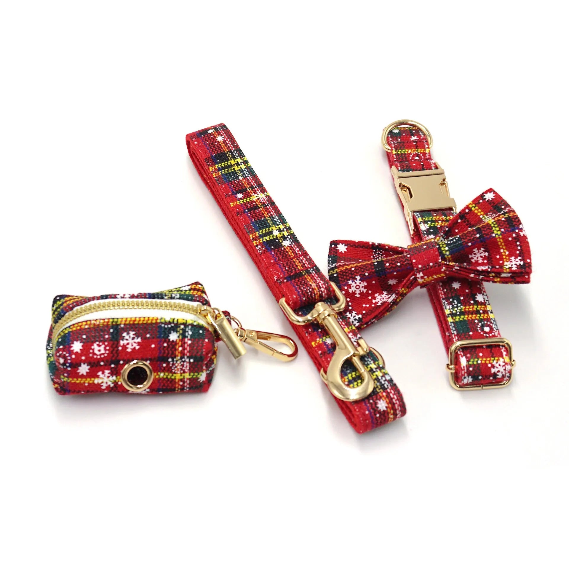 Red Christmas fabric pet collar set with matching harness, rope, bow, and waste bag