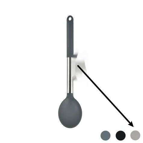 12-piece silicone kitchen utensil set in rotating storage bucket, showing spatula, ladle, and other tools.
