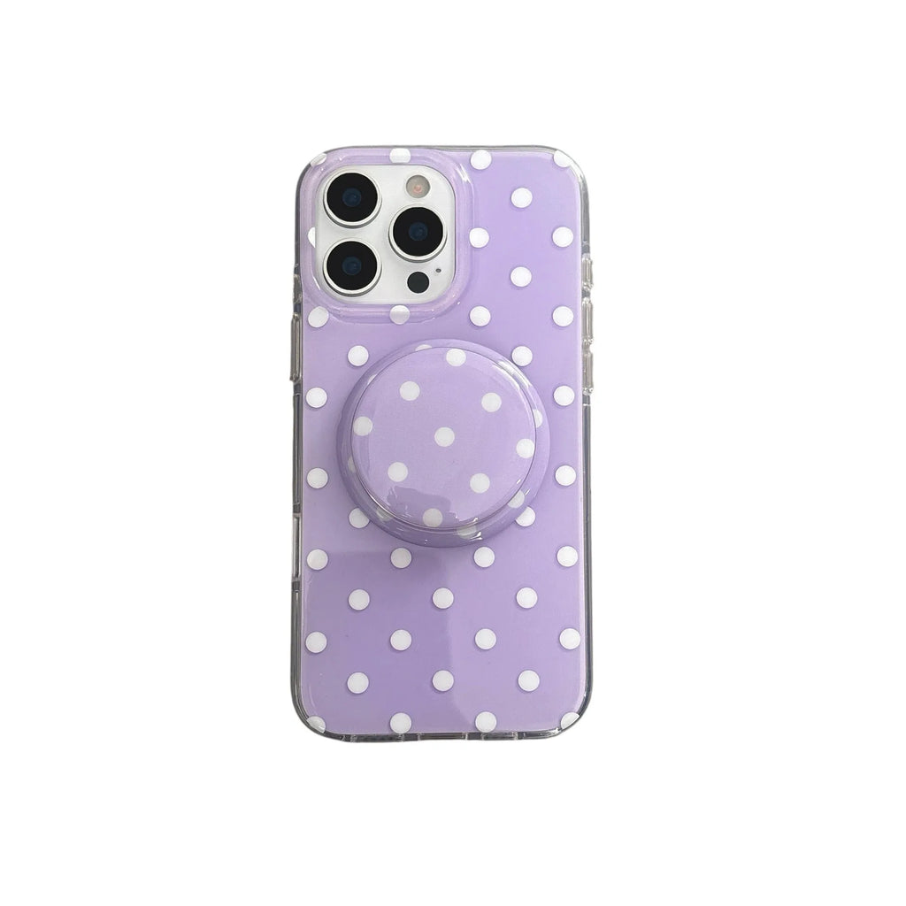 Polka dot phone case with magnetic bracket for iPhone in black showing kickstand