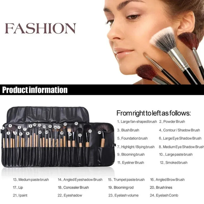 24-piece professional makeup brush set with wooden handles in a PU gift bag case