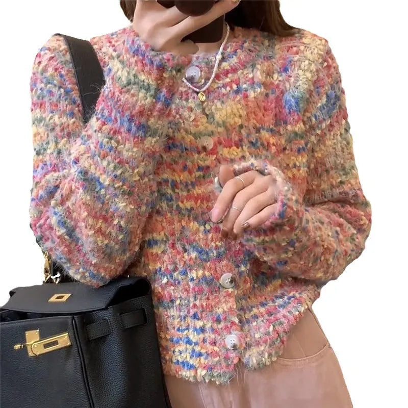 Rainbow patterned knitted cardigan sweater in pink or green colours with slim fit