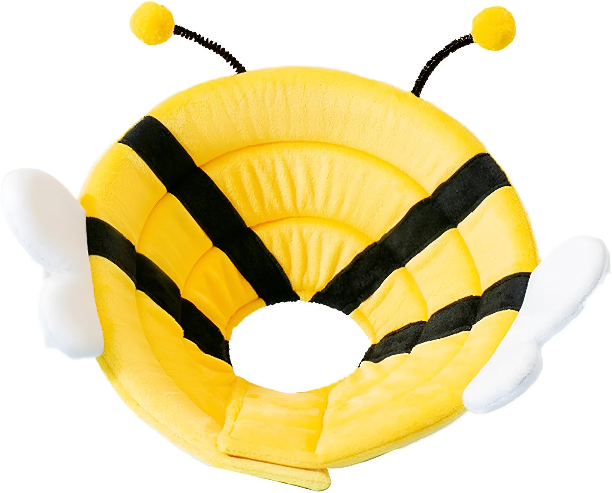 Soft bee design cat cone collar showing adjustable Velcro closure and protective shape