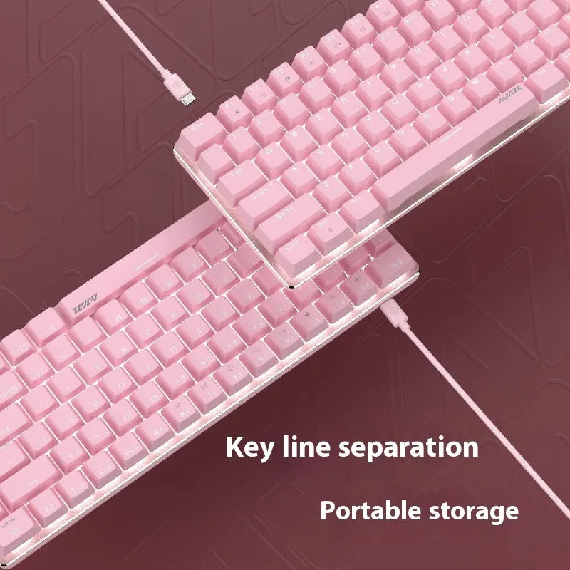 Pink and white mechanical gaming keyboard with 82 keys and white backlight illumination