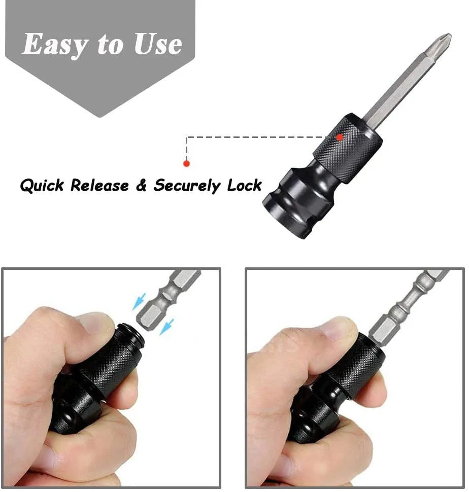 No. 45 steel telescopic bit holder with hexagonal handle for converting 1/2-inch to 1/4-inch drive sizes.