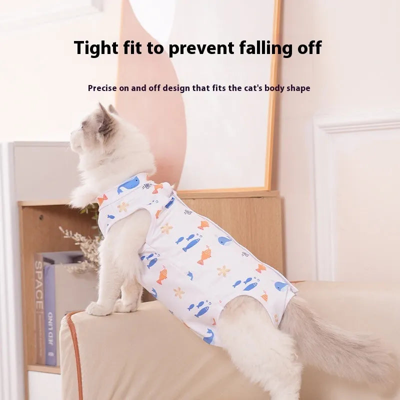 Adjustable Velcro cat recovery suit for post-surgery sterilisation protection in multiple colours.