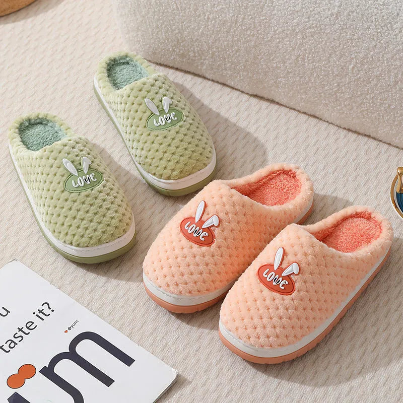 Women's rabbit plaid design plush house slippers with artificial fur upper and rubber non-slip soles