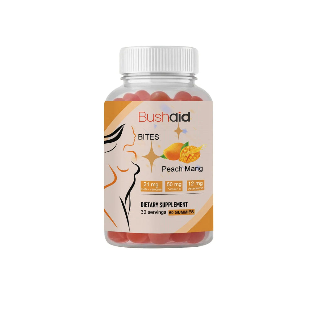 BUSHAID tanning supplement gummy candies showing 60 soft chews containing astaxanthin and vitamins