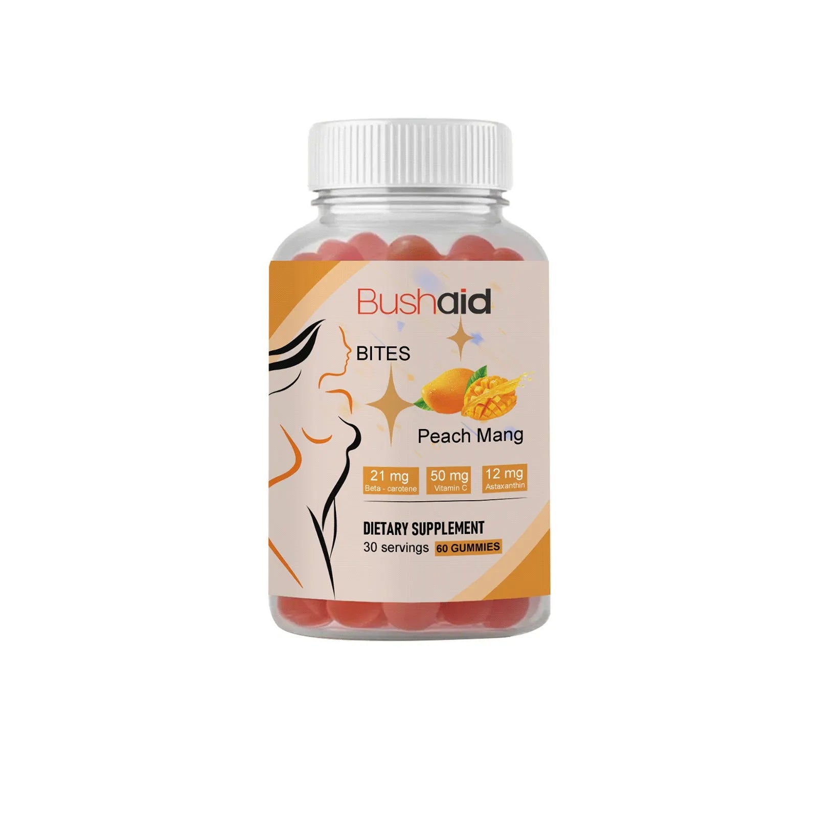 BUSHAID tanning supplement gummy candies showing 60 soft chews containing astaxanthin and vitamins