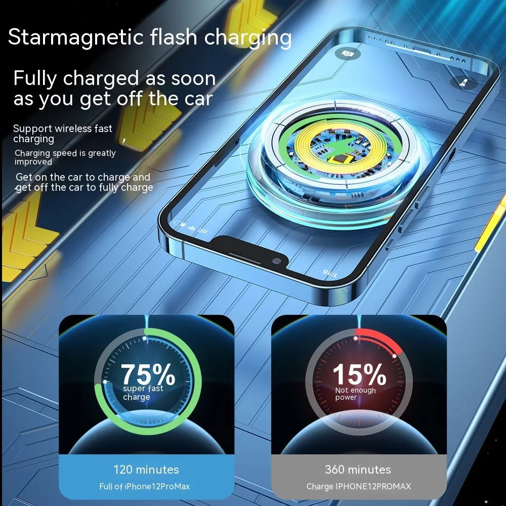 Black magnetic wireless charging car air vent phone stand showing 15W fast charging capability