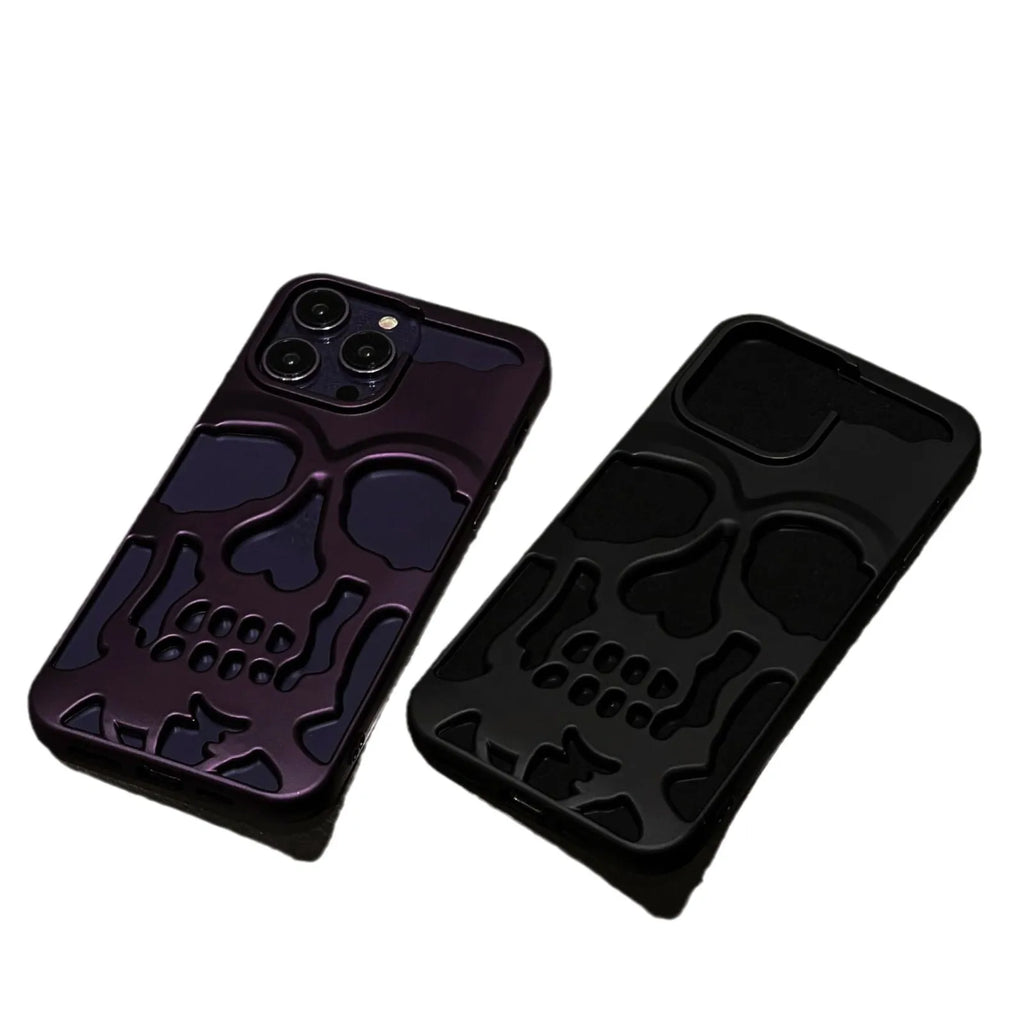 Frosted skull TPU phone case in matte black for iPhone 14 Pro showing hollow skull design