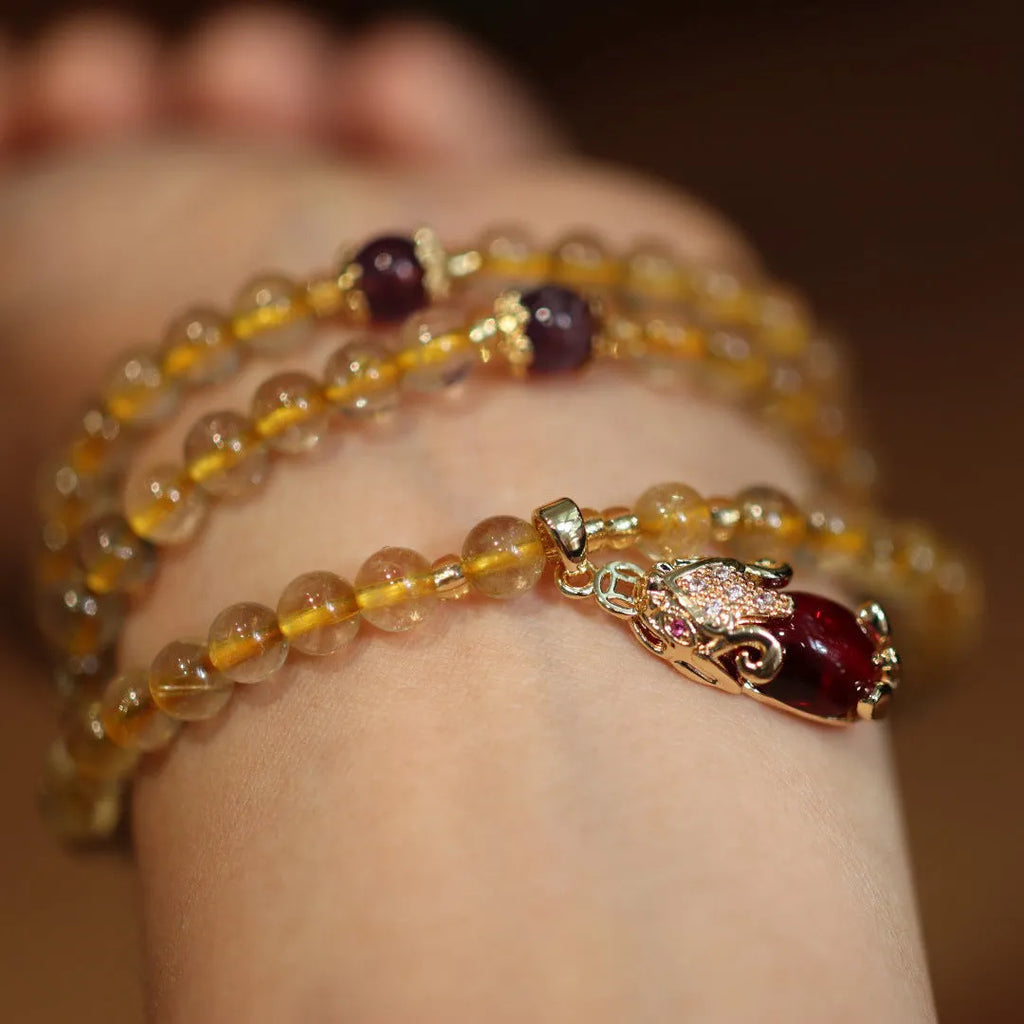 Natural Brazilian gold rutilated quartz bracelet with three circles and hanging chopsticks in Chinese style