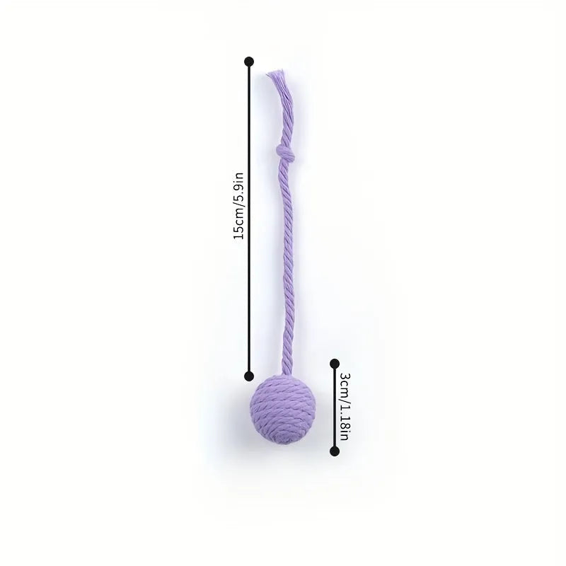 Cat toy ball with attached rope in green, pink, purple or yellow colours showing 3cm and 6cm size options