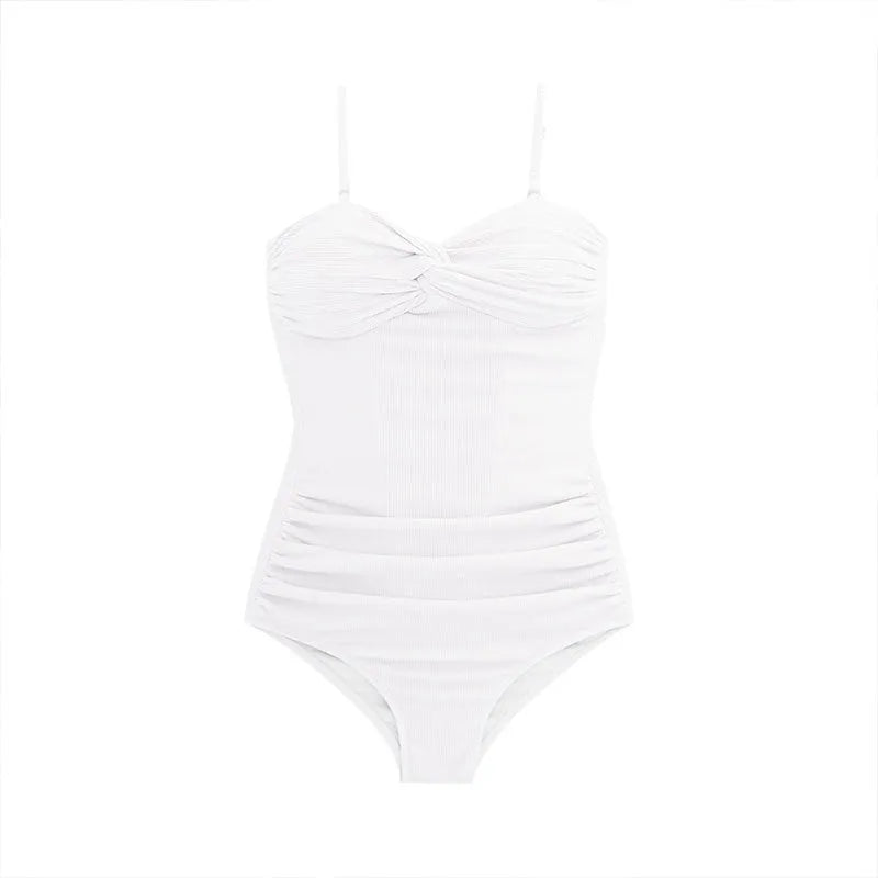 Women's solid colour one-piece swimsuit with suspender straps and high waist design