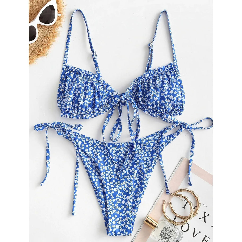 Women's printed bikini swimsuit with rope detailing in blue colour option