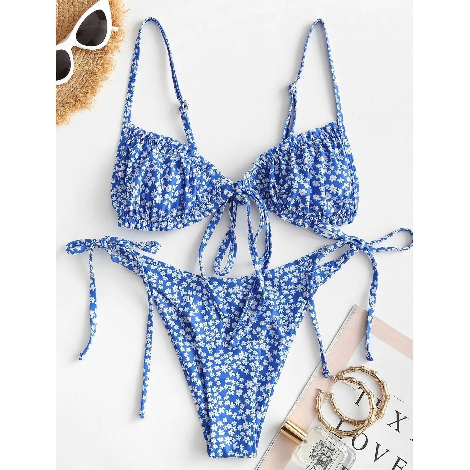 Women's printed bikini swimsuit with rope detailing in blue colour option