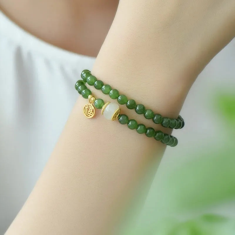 Women's double circle Hetian jade bracelet with geometric shape and fu character