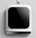 Black USB coffee heater with tempered glass surface showing three temperature settings and drinking water reminder
