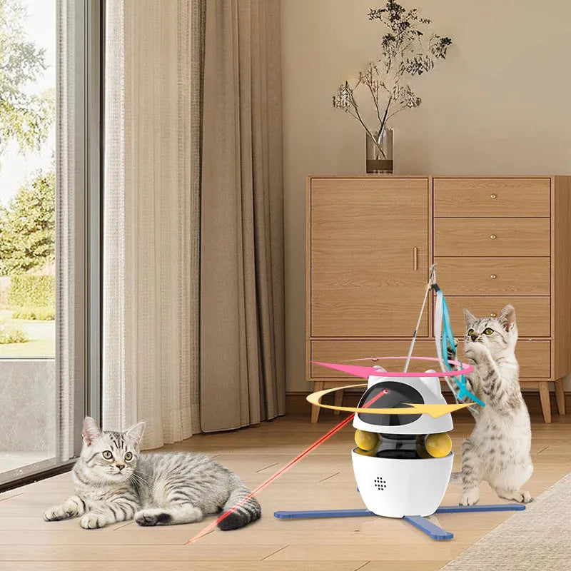 White electronic automatic cat toy with rotating funny stick and extended elastic rope