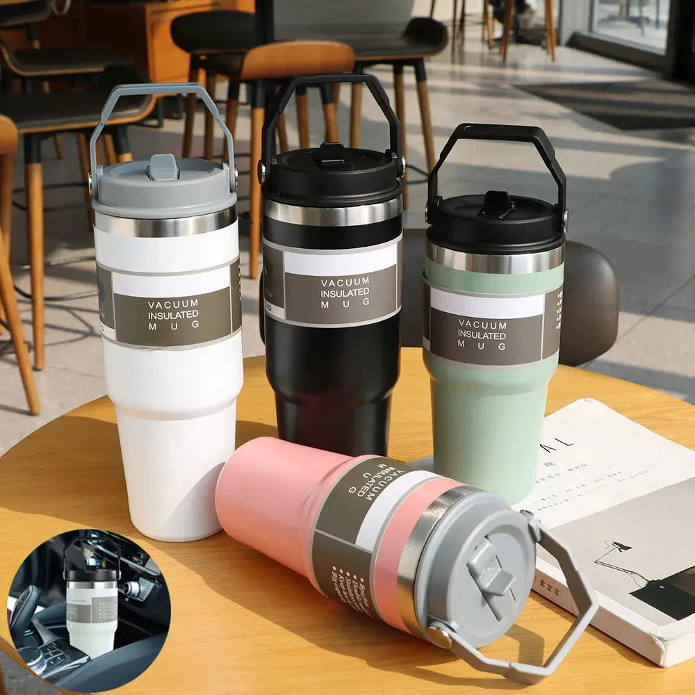 30oz stainless steel insulated travel cup with handle and sliding lid in multiple colour options