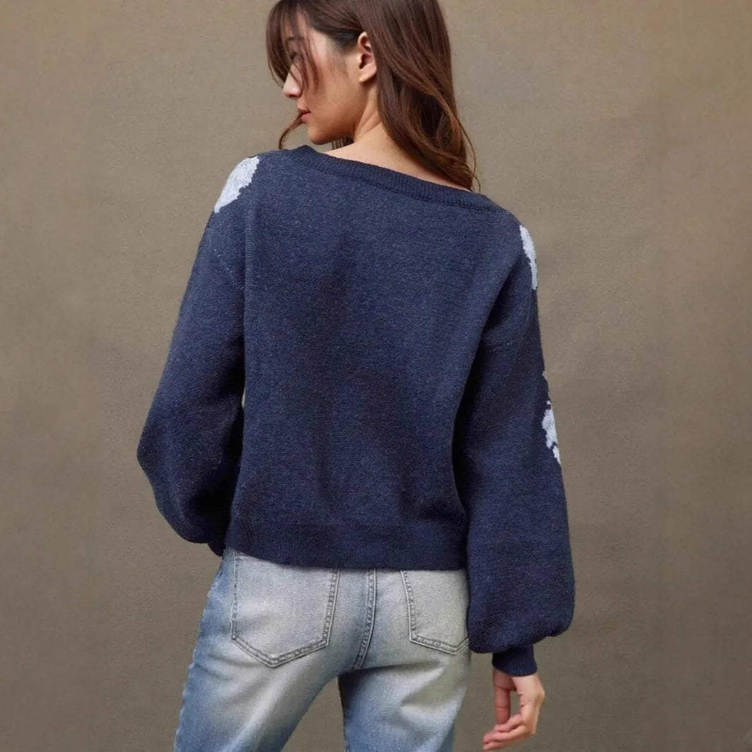 Women's sapphire blue floral jacquard pullover sweater with loose casual fit and chenille fabric