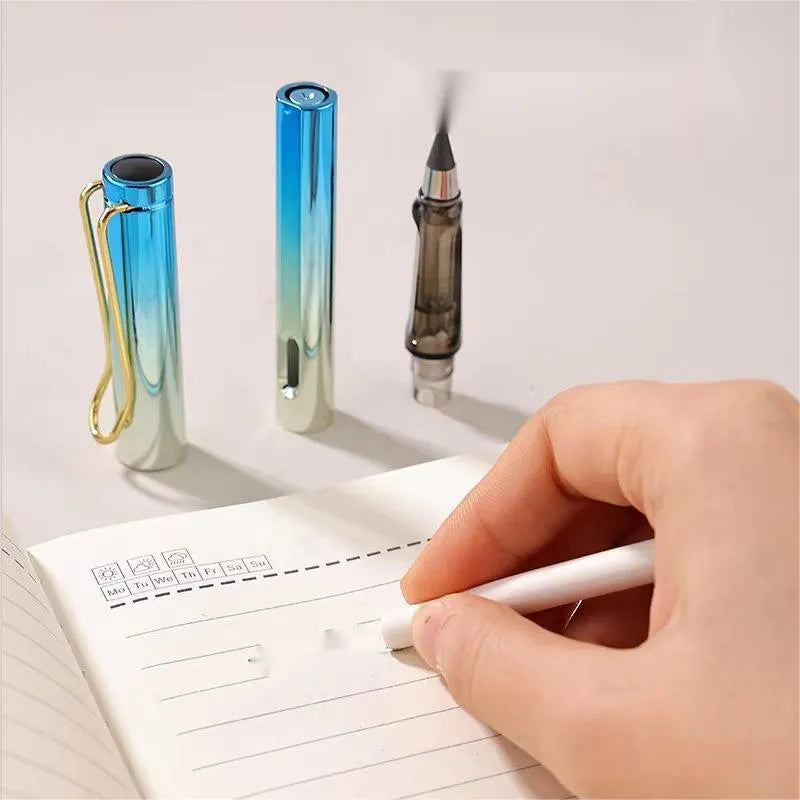 Portable eternal pencil in gold blue colour with hat cover on a table