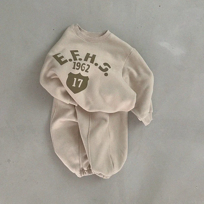 Boys and Girls Letter Print Casual Fleece Sweater Two-Piece Set Cotton Pullover Top and Trousers Set Long Sleeve Wool Warm Autumn Winter Two-Piece Set Apricot Brown Gray Green 80-130cm Height