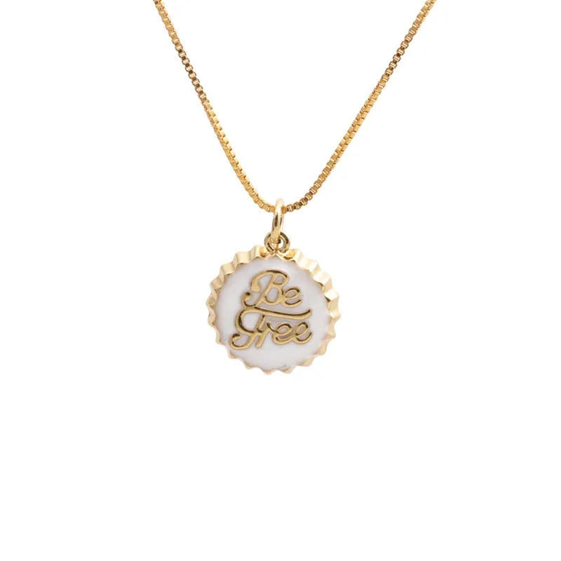 Copper bottle cap pendant necklace with gold electroplating on a 40cm box chain.