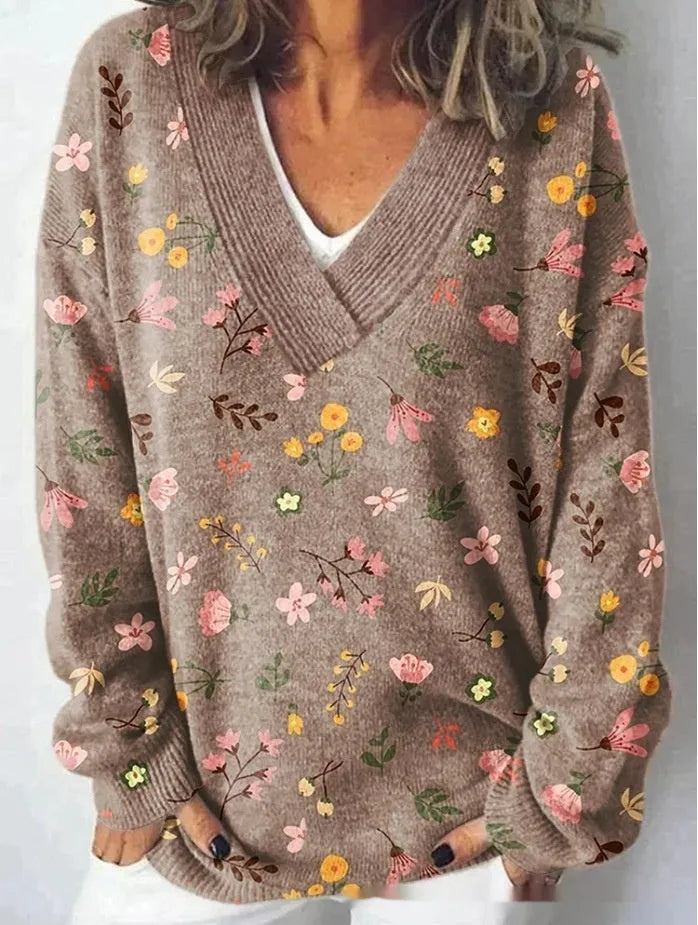 Women's retro V-neck sweatshirt with a detailed 3D floral pattern print in a choice of colours.