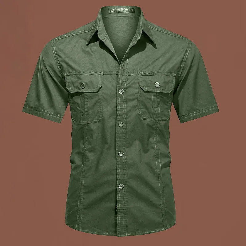 Men's loose short sleeve cotton work shirt in army green colour on hanger