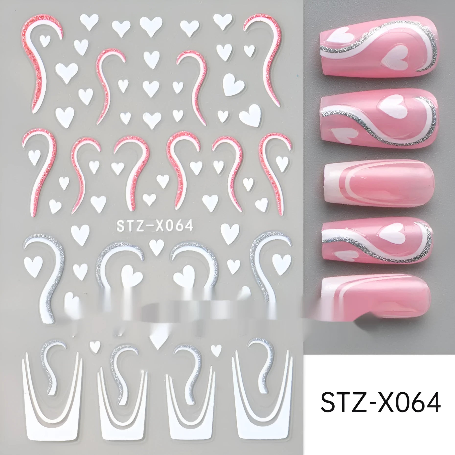 Cartoon nail art stickers sheet with black and silver love heart designs