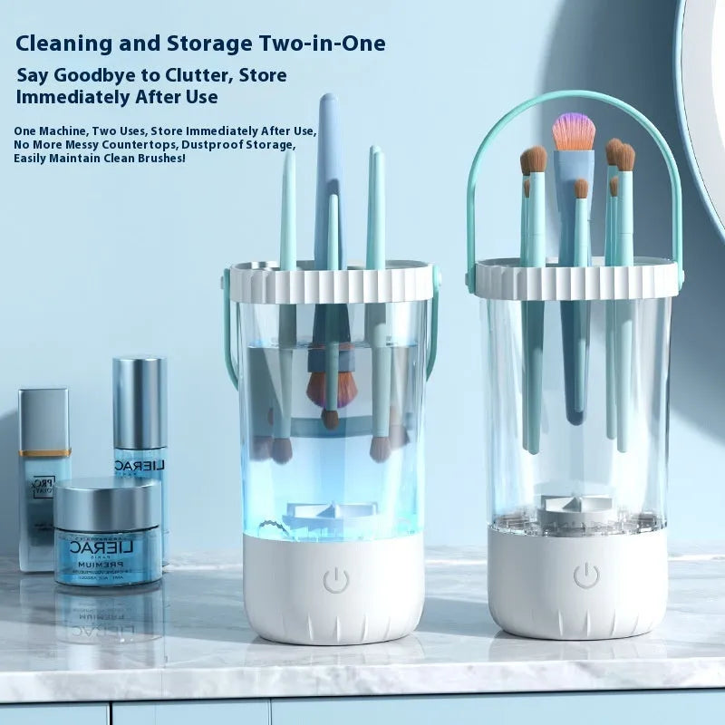 White rechargeable electric cleaning brush for makeup brushes with USB cable.