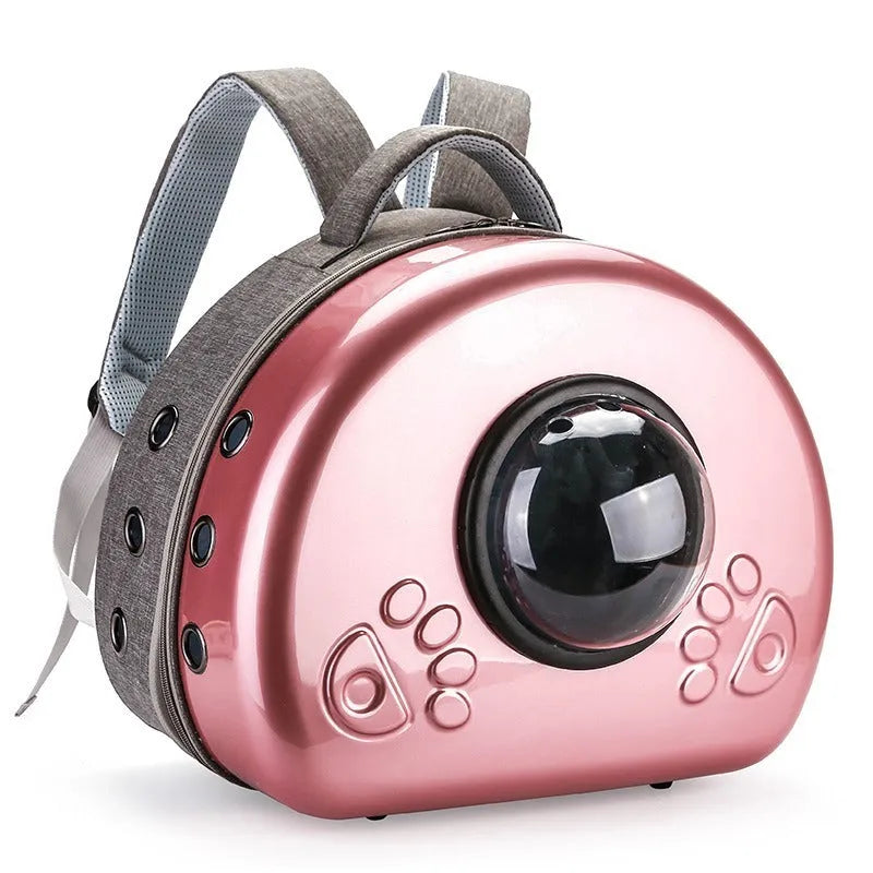 Transparent cat carrier bag in metallic colour with space capsule design for pet transport