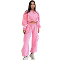 Women's round neck sweatshirt and high waist pocket sweatpants set in solid colour, loose fit, polyester fibre