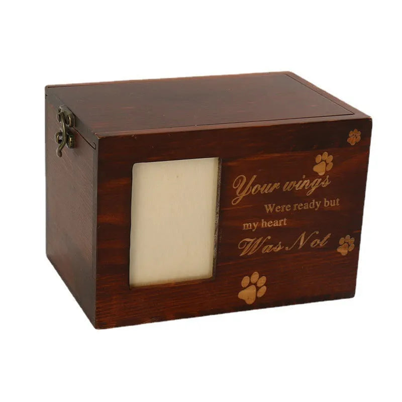 Solid wood pet cinerary casket with leash photo frame, carved wooden memorial box, 16x11x11cm, 338g
