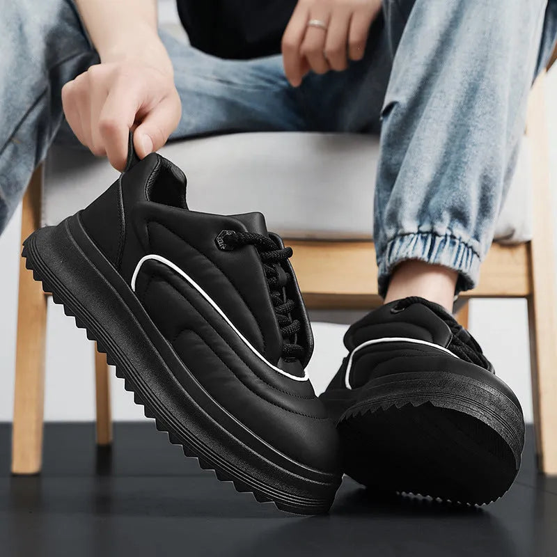 PU leather casual platform shoes in black, white or khaki with a thick sole and cowhide upper.